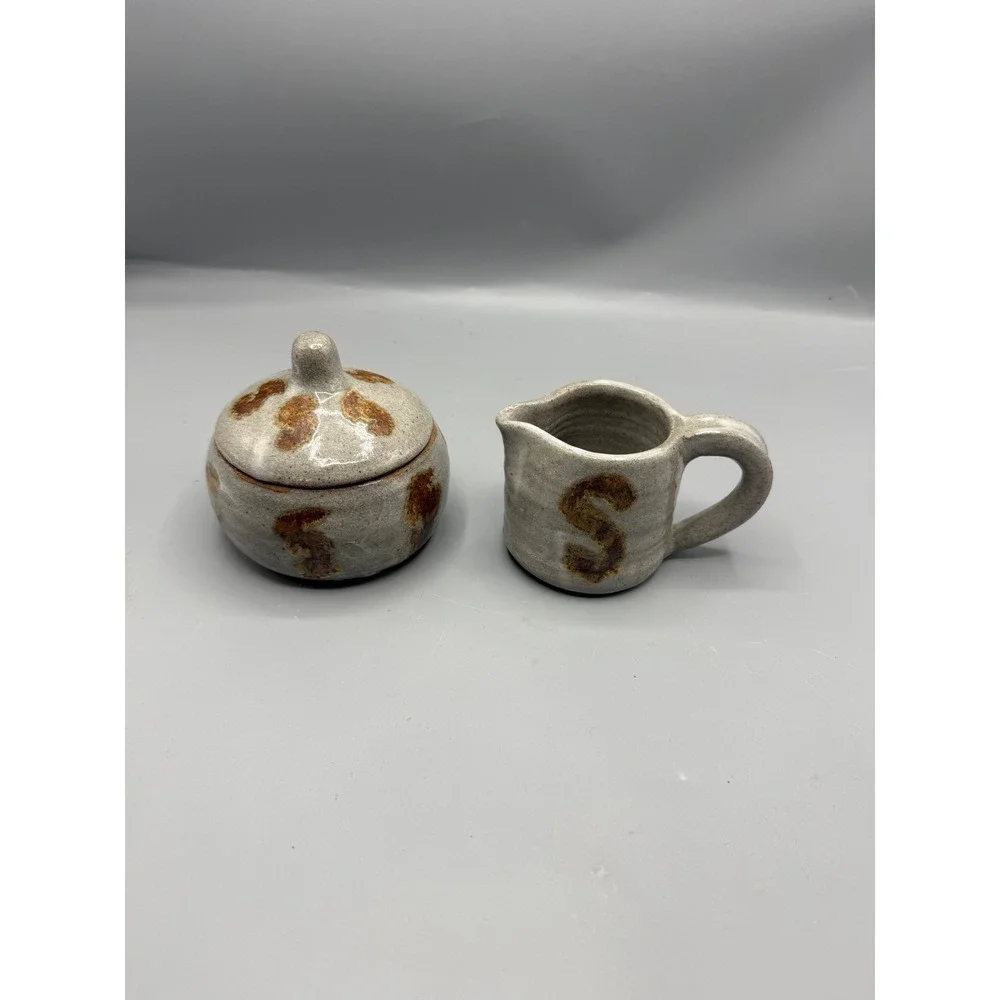 Vtg Studio Pottery Sugar Creamer Set Rustic Stoneware‎ Boho Farmhouse Kitchen